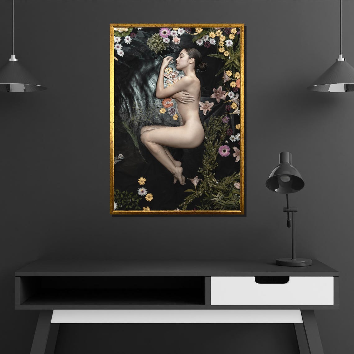 Floral Nude Woman In Water Canvas Painting Artistic Feminine Body With Flowers Serene Nature Wall Art Gift For Bedroom Or Wellness Space - Image 4