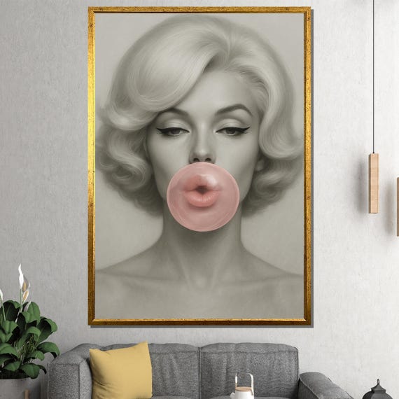 Retro Woman Bubblegum Canvas Painting Pop Art Portrait Wall Decor Ready To Hang Gift For Her And Stylish Modern Homes