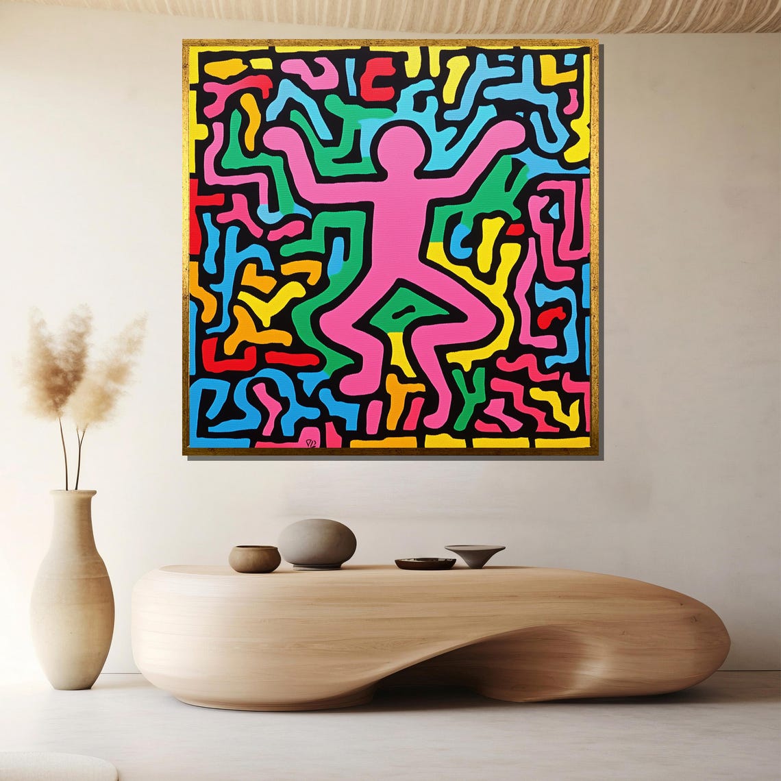 Joyful Pink Dancing Figure Colorful Maze Bold Pop Art Poster