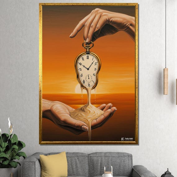 Melting Clock Surreal Canvas Salvador Dali Inspired Symbolic Wall Art Of Time Flow And Human Hands Sunset Orange Modern Dreamlike Decor