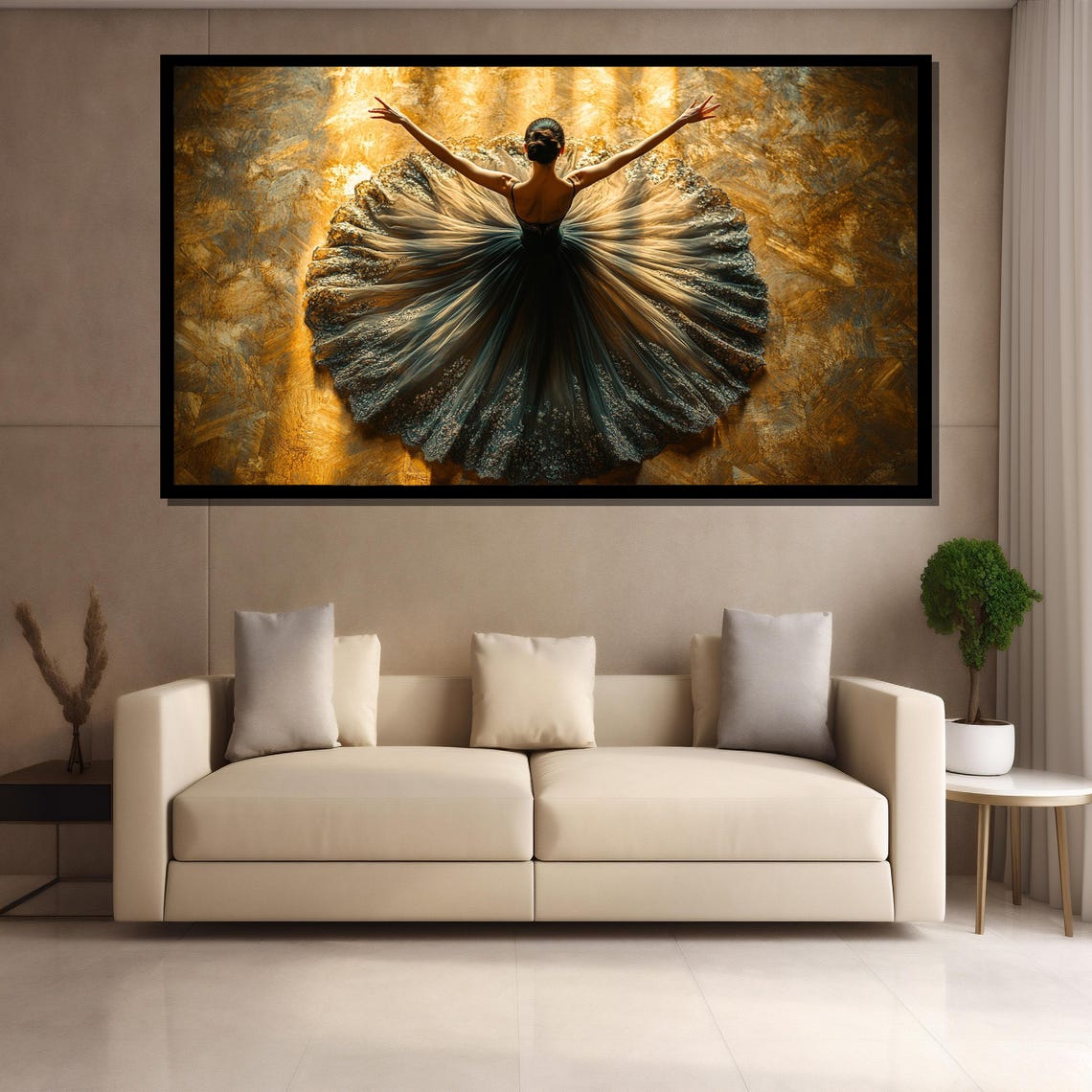 Ballerina With Flowing Tutu Dancing On Golden Backdrop Art Poster - Image 2