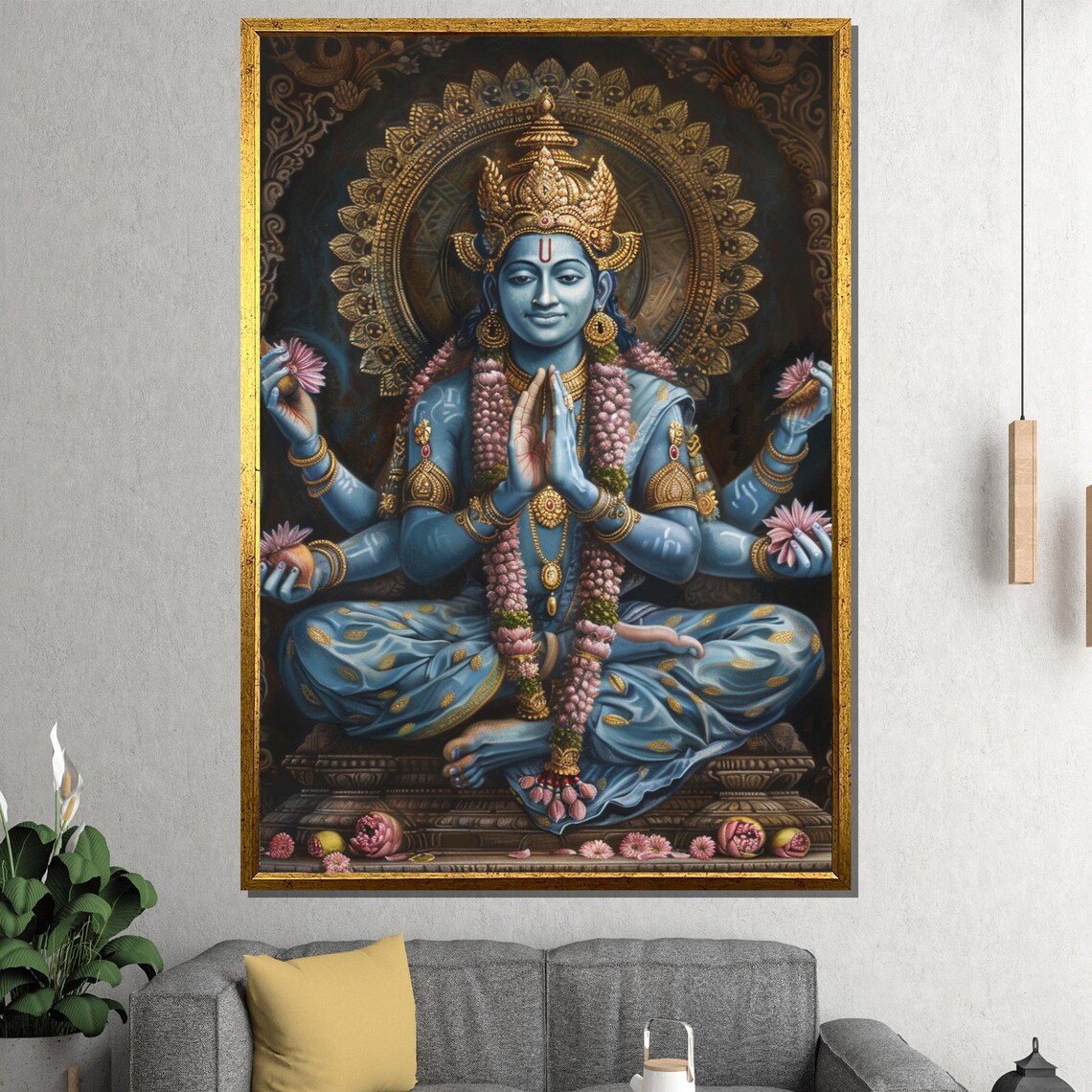 Lord Vishnu Blue Divine Blessing Golden Halo Sacred Art Poster - Image 2
