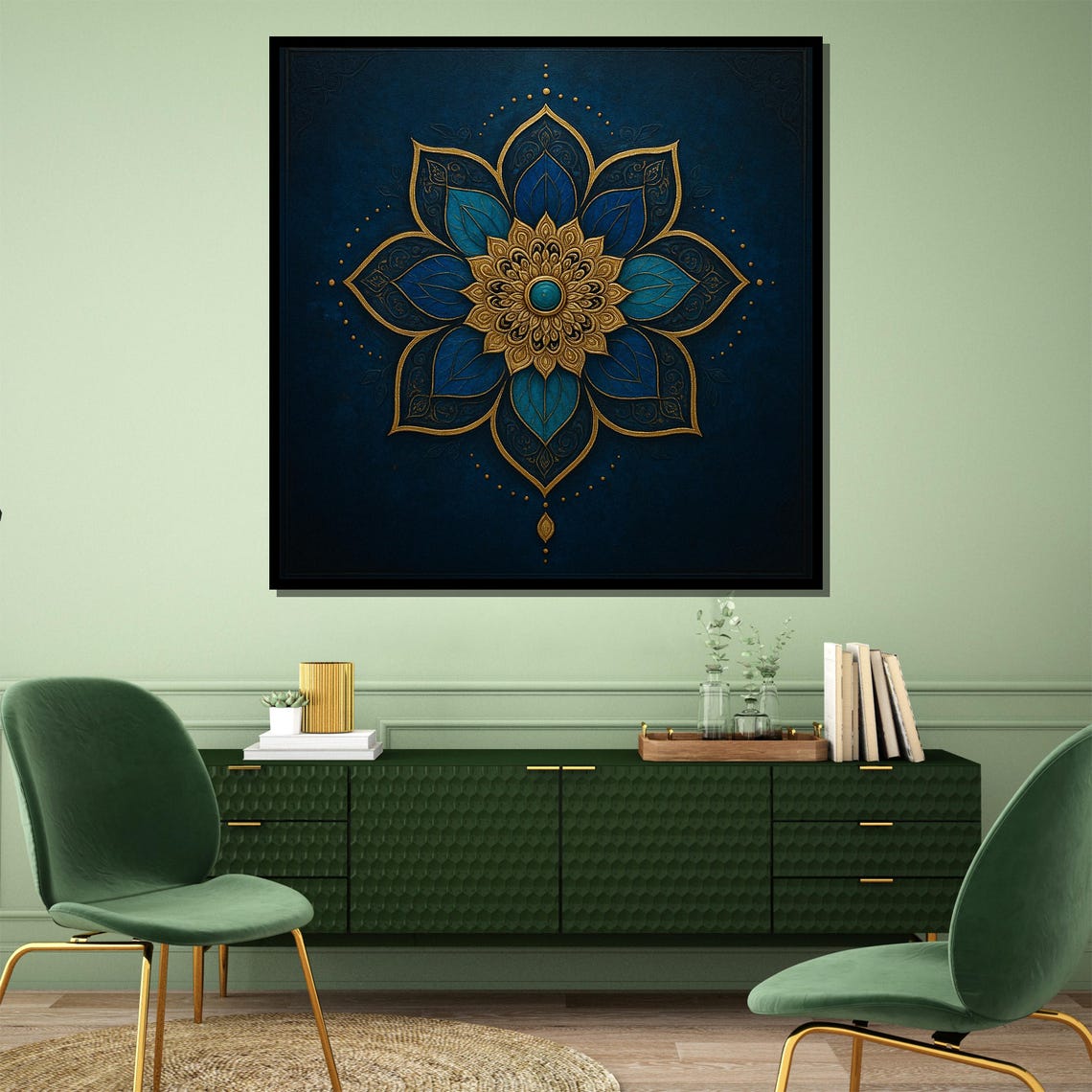 Serene Blue And Gold Mandala Lotus Flower Meditative Wall Poster - Image 2