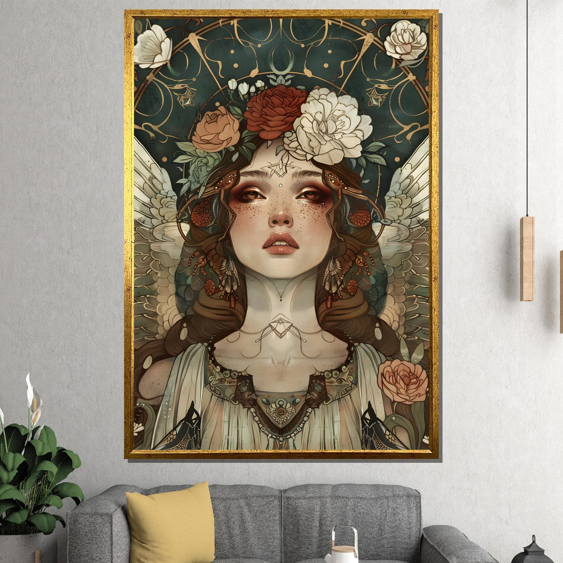 Fantasy Goddess Angelic Woman With Floral Crown Dark Botanical Poster