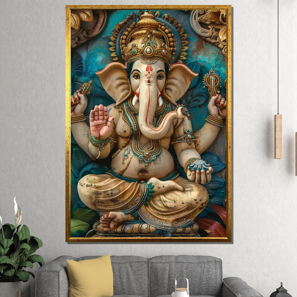 Lord Ganesha Blessing Sacred Four Arms Ivory Teal Spiritual Poster - Image 2