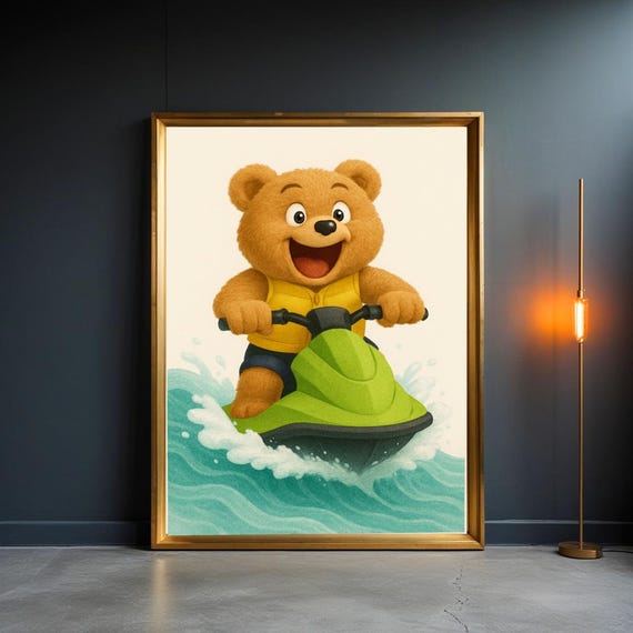 Happy Teddy Bear Jet Ski Art Print Playful Nursery Decor