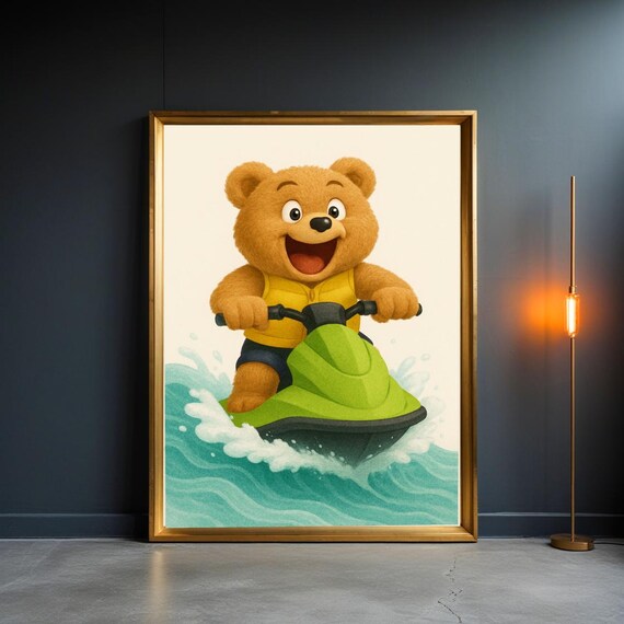 Happy Teddy Bear Riding Jet Ski Playful Waves Nursery Poster