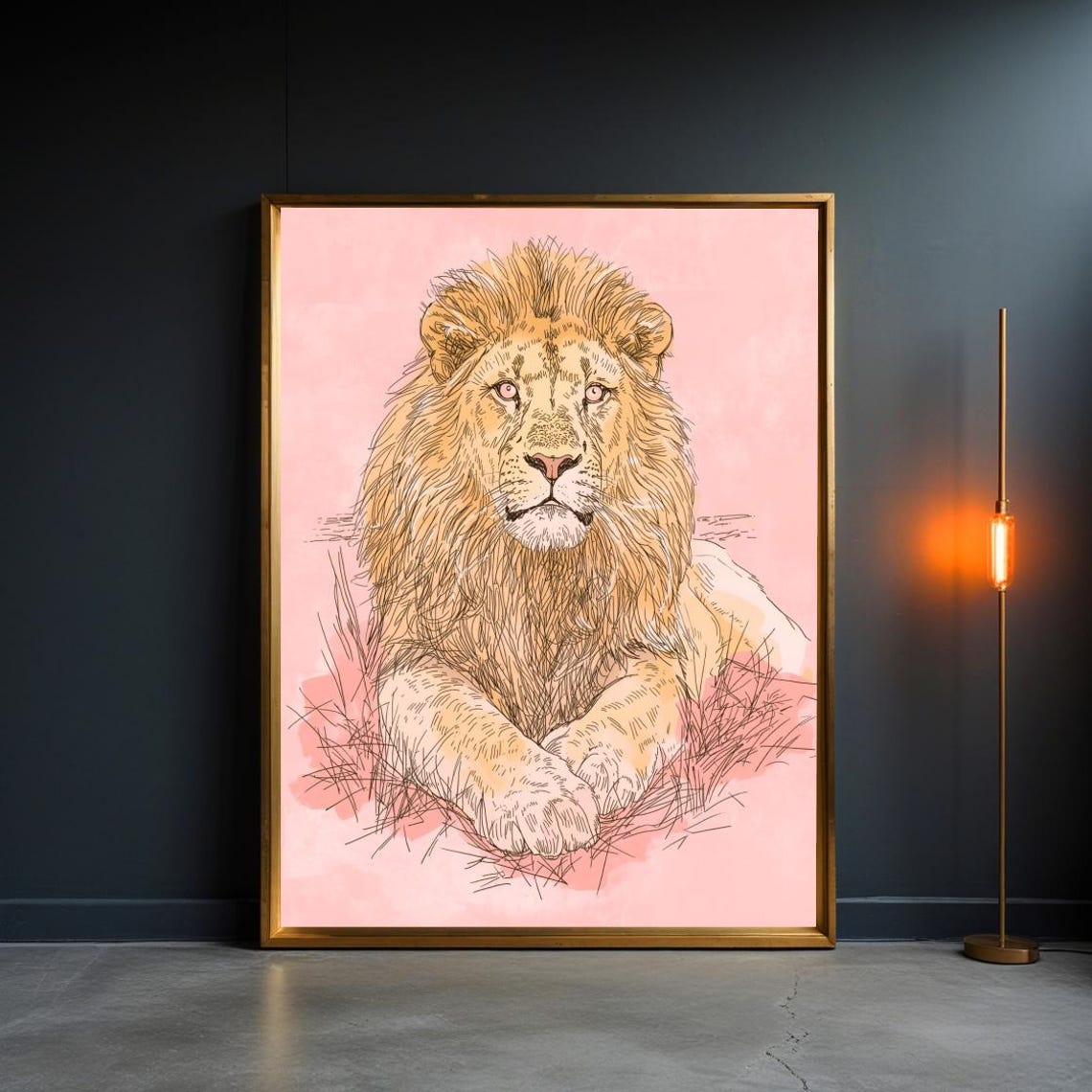 Hand Drawn Resting Lion Line Illustration Blush Pink Art Poster