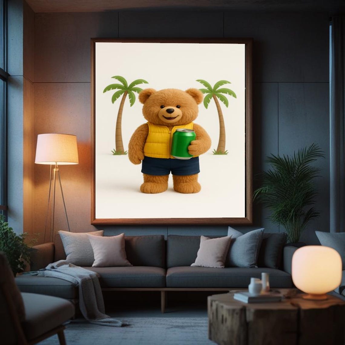 Funny Happy Teddy Bear Beer Can Palm Tree Summer Party Art Poster