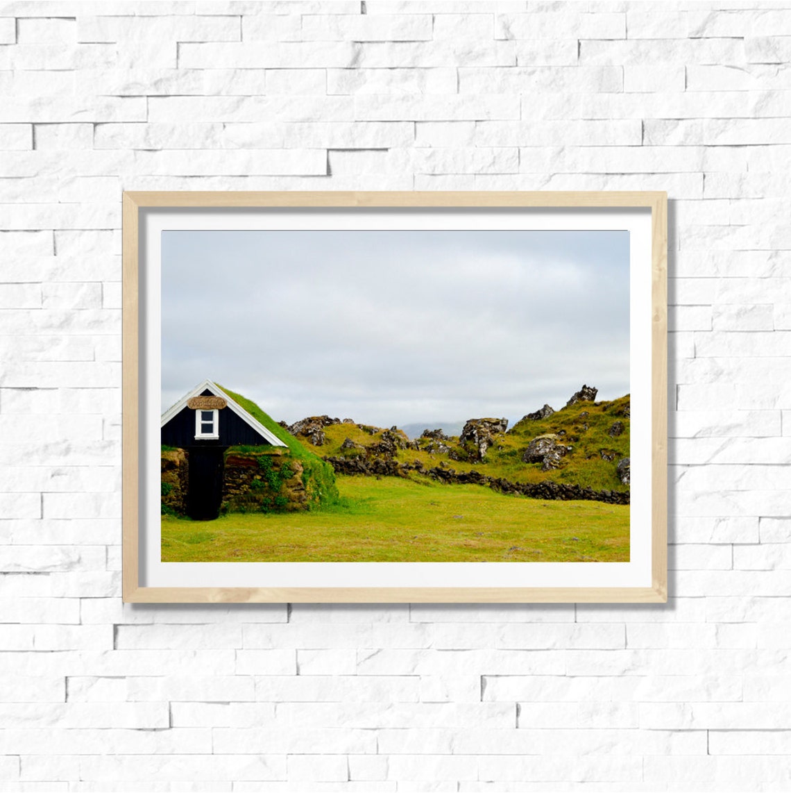 Iceland Traditional Turf House Green Meadow Lava Rocks Travel Poster