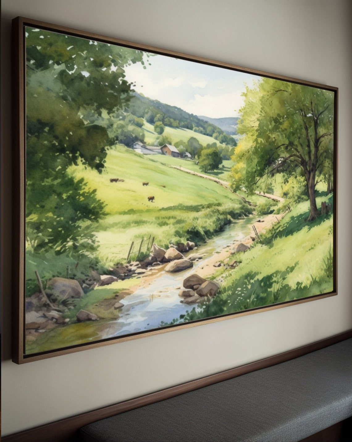 Green Valley Stream with Grazing Cows Spring Watercolor Poster - Image 2