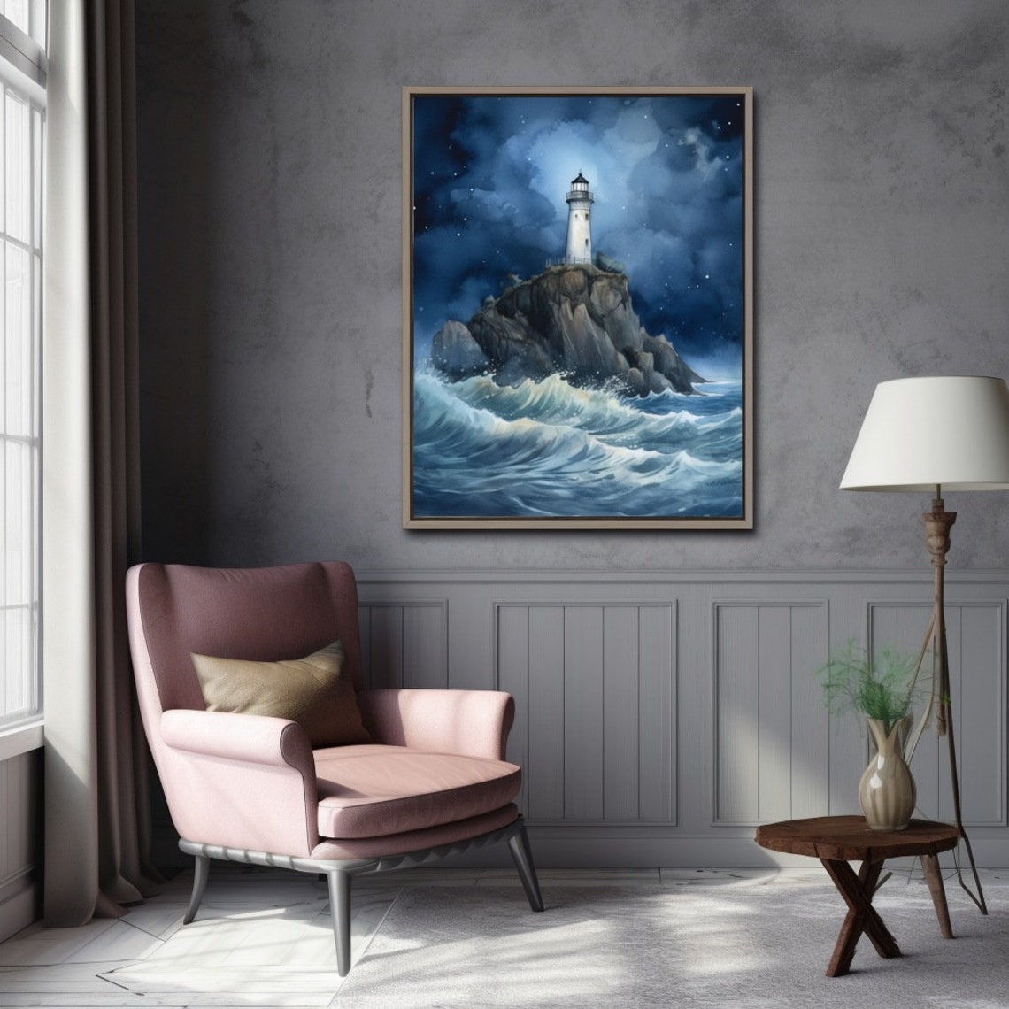 White Lighthouse on a Cliff at Night Over Crashing Ocean Waves Poster - Image 3