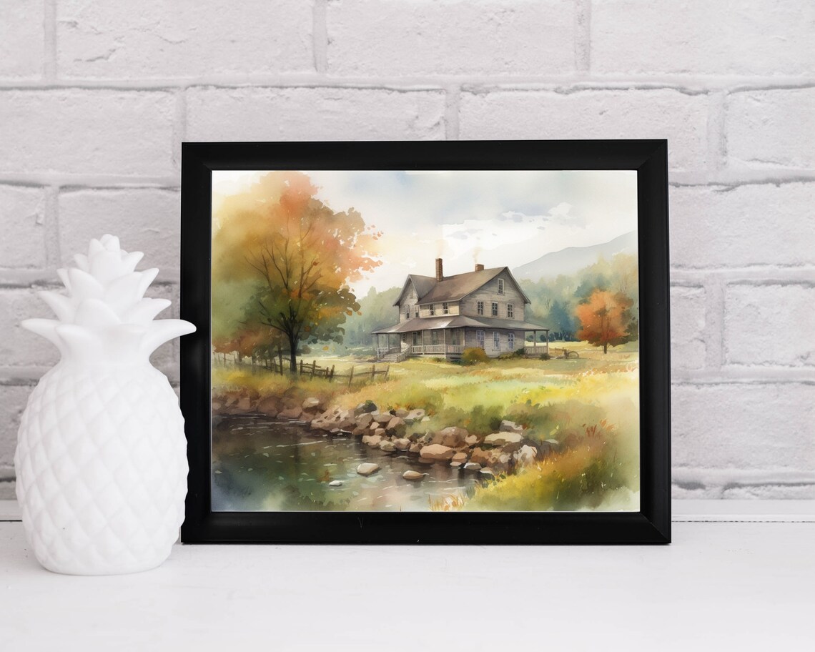 Farmhouse Porch by a Rocky Creek in Autumn Watercolor Landscape Poster - Image 2