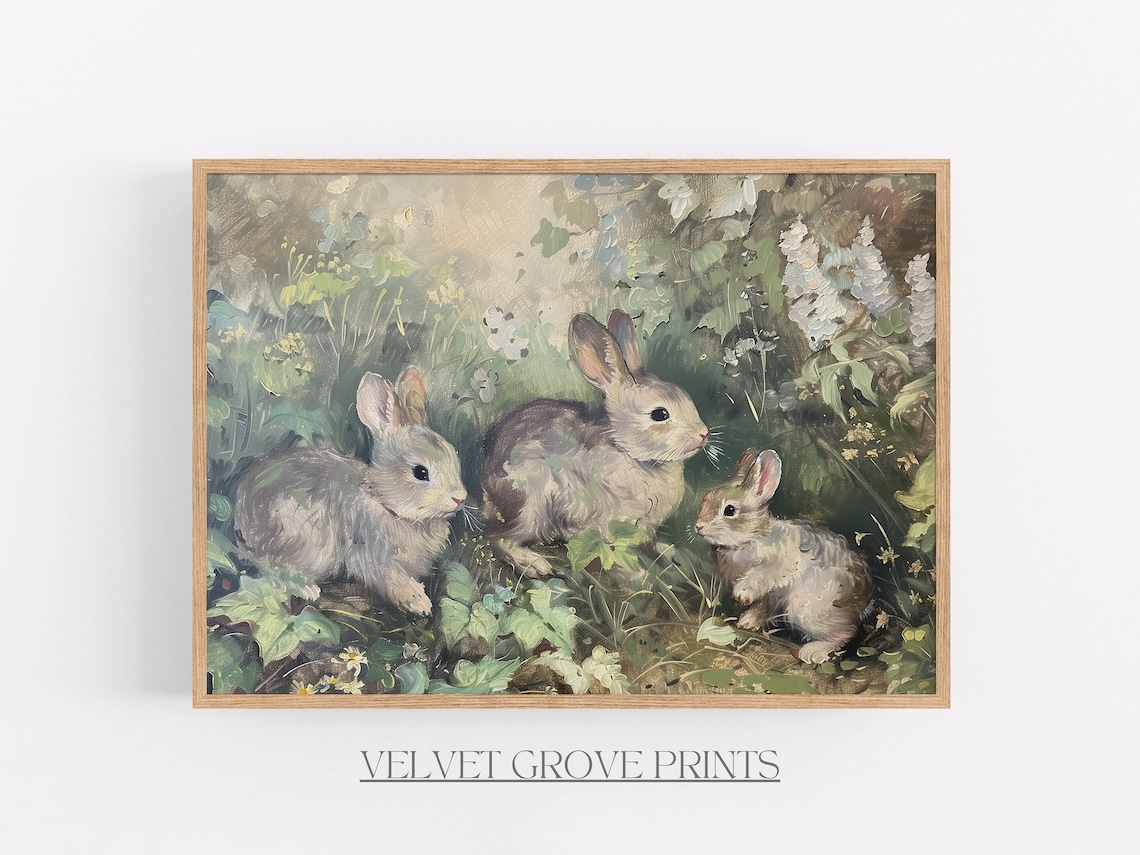 Three Sweet Bunnies In Garden Spring Vintage Oil Painting Poster