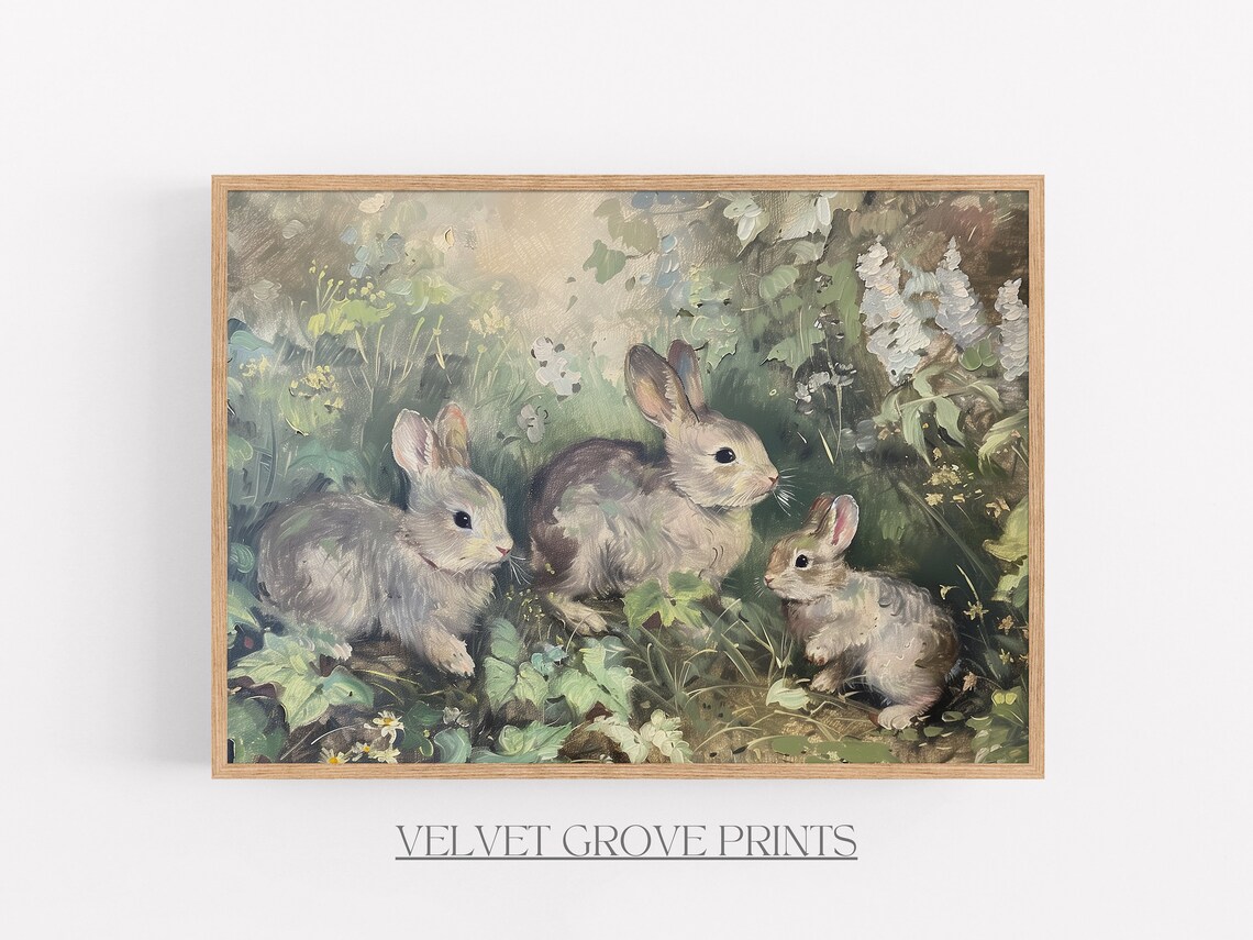 Vintage Bunny Print Springtime Oil Painting Style