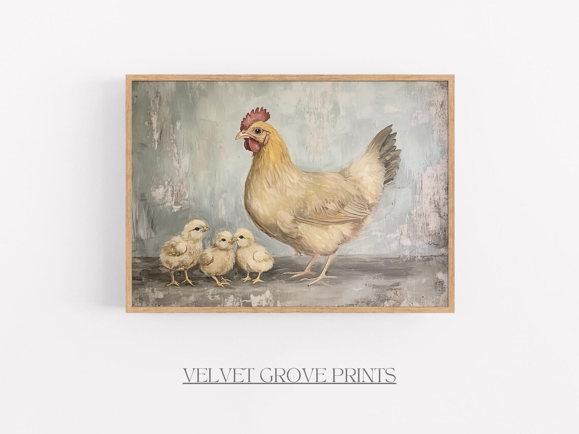 Mother Hen And Three Chicks Vintage Farmhouse Oil Painting Poster