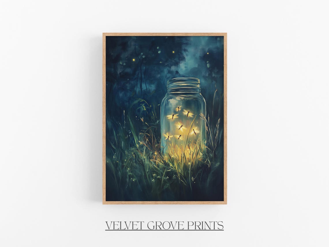 Glowing Fireflies Mason Jar Night Meadow Vintage Style Poster