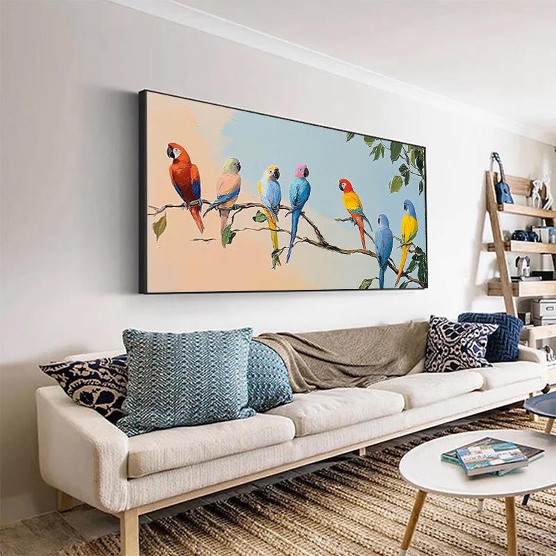 Eight Rainbow Parrots Perched on Leafy Branches Panoramic Poster - Image 5