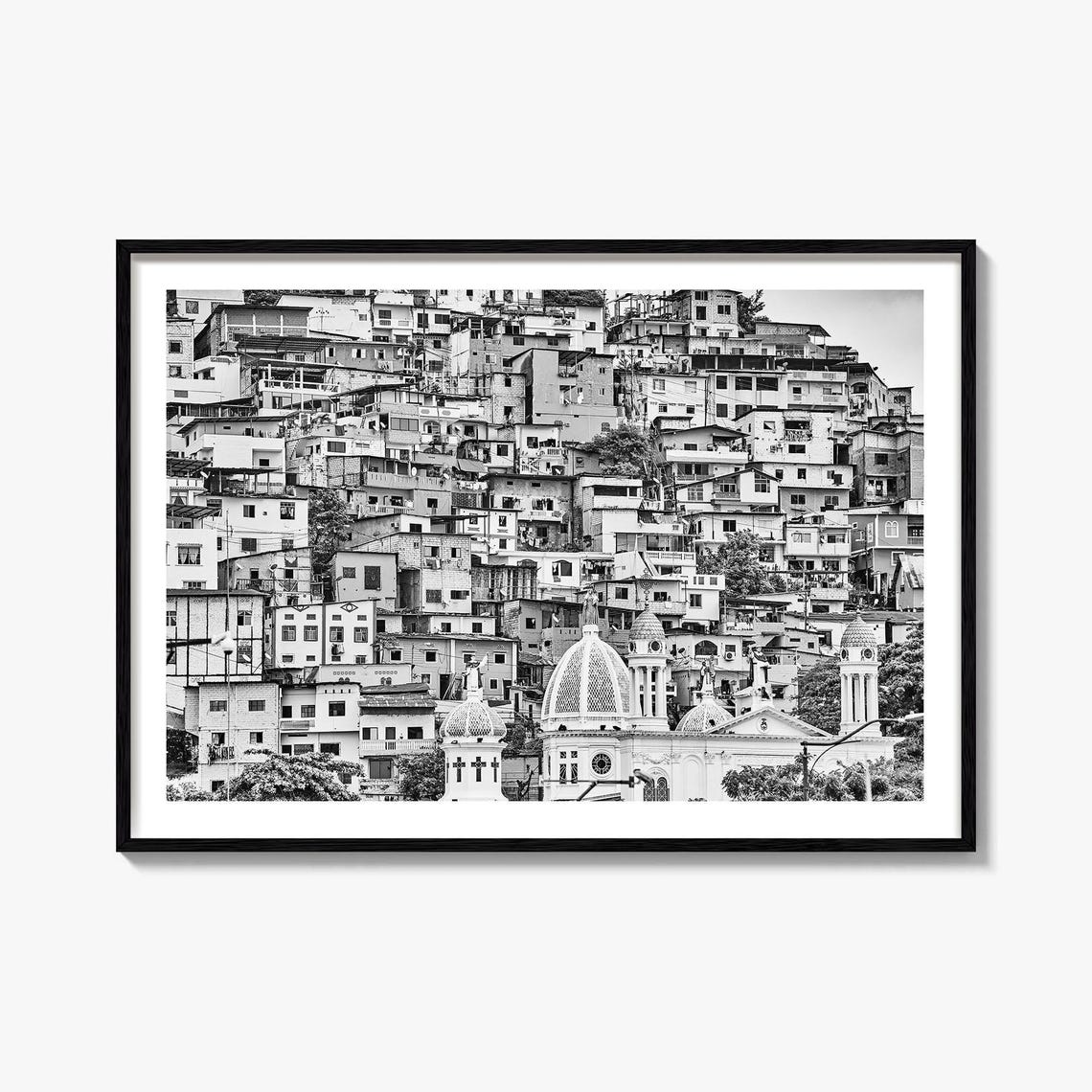 Black and White Hillside City with Church Domes Vintage Photo Poster