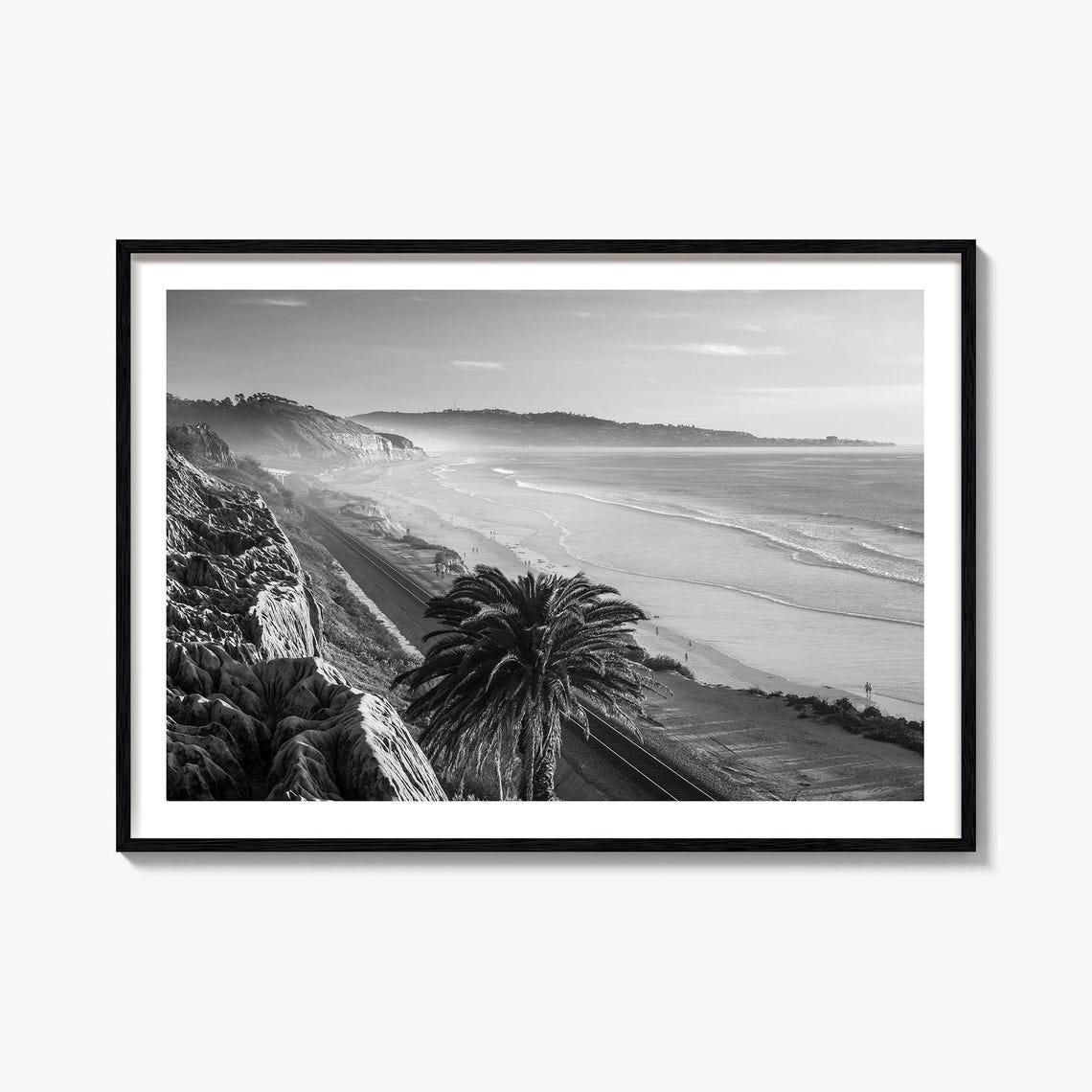 Southern California Cliffside Beach Black and White Coast Poster