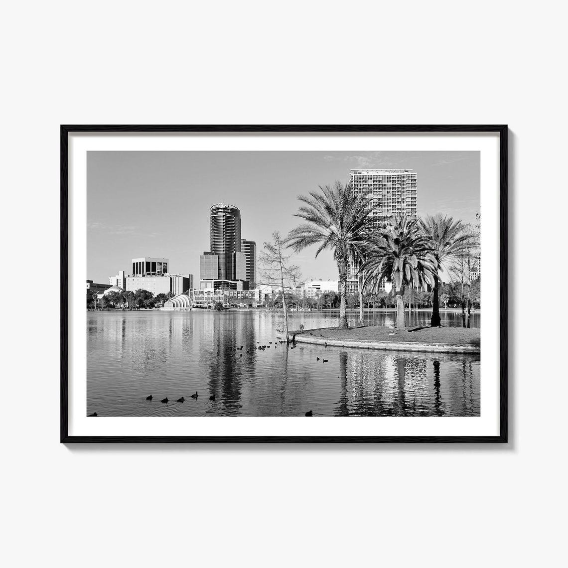 Orlando Florida Lake Eola Skyline Palms Black And White Poster