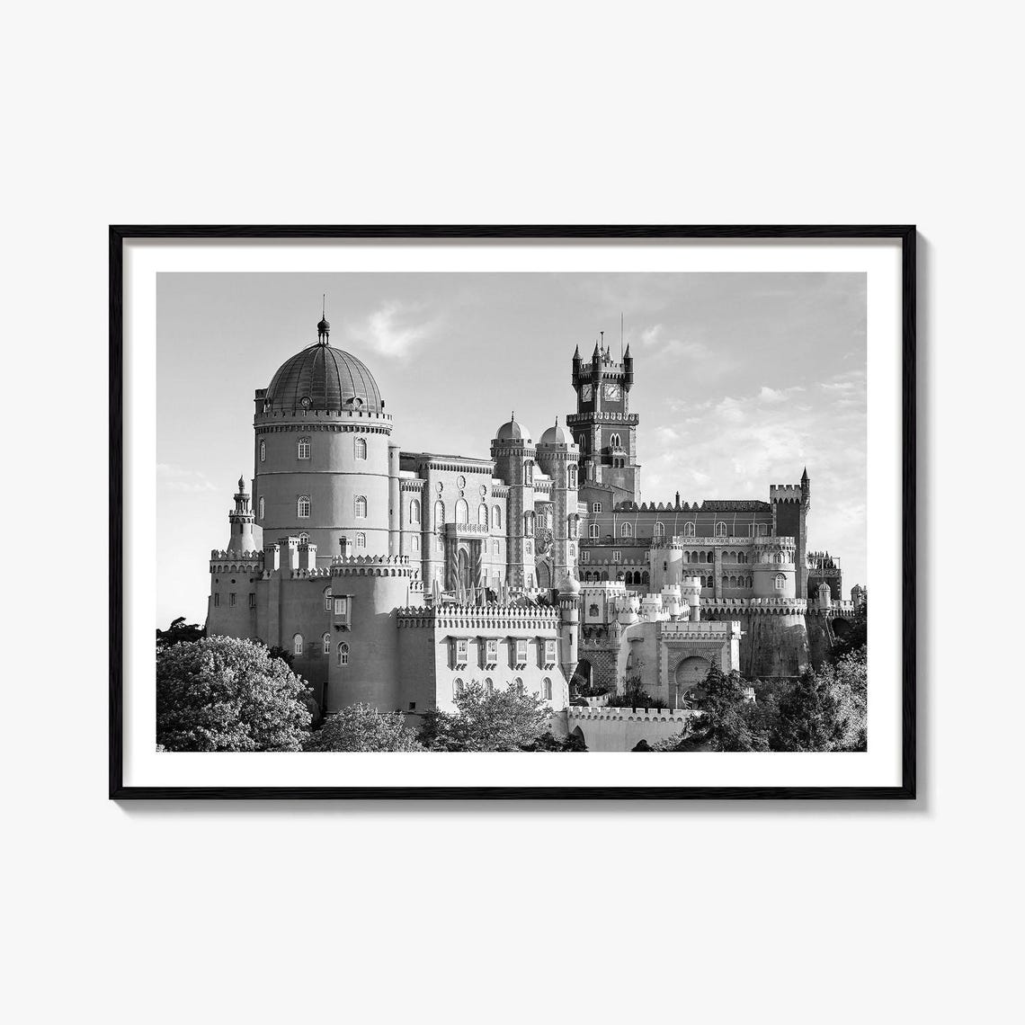 Lisbon Pena Palace Fairytale Castle Towers Black And White Poster