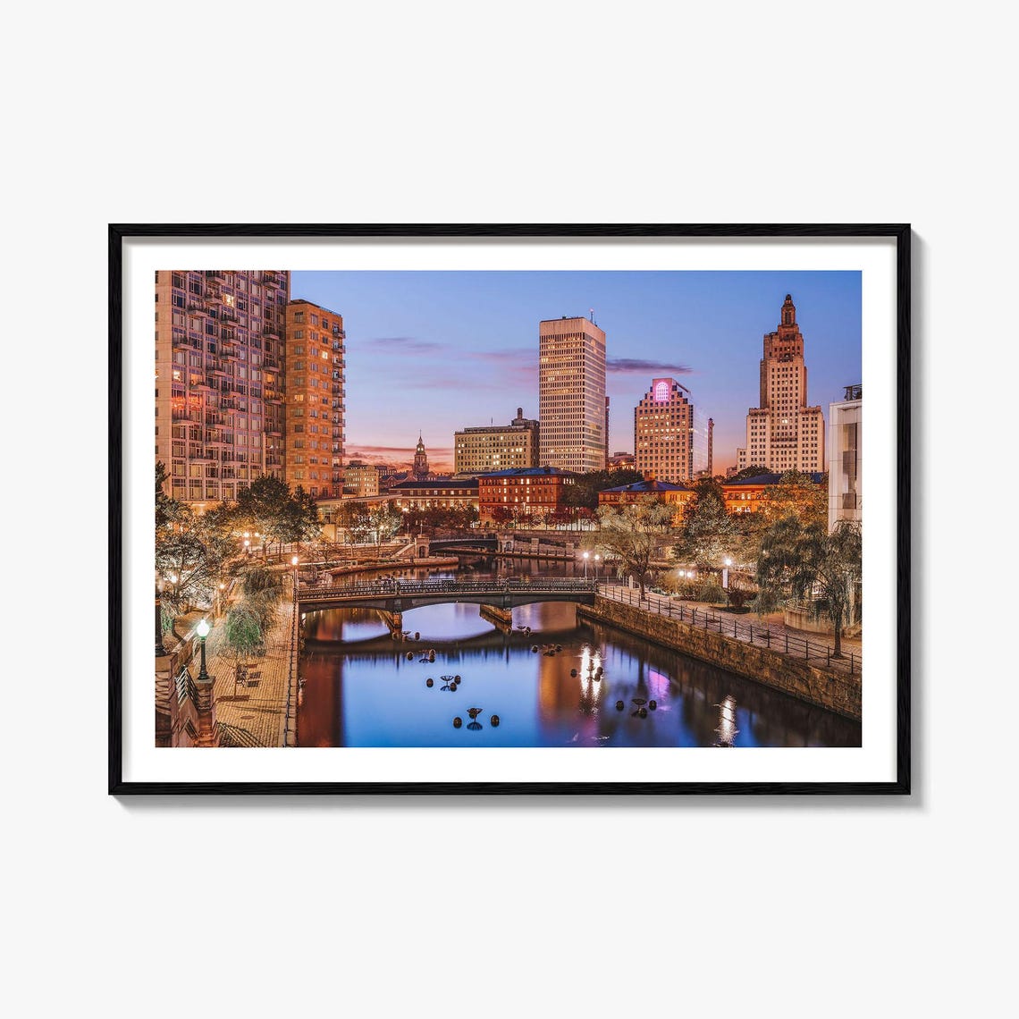 Providence Rhode Island City Skyline River Dusk Reflection Poster