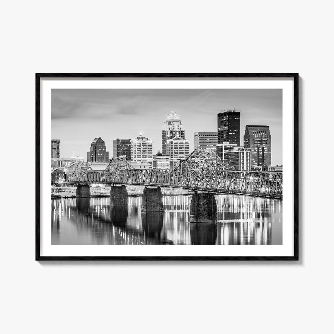 Louisville Black And White Skyline River Bridge Night Poster