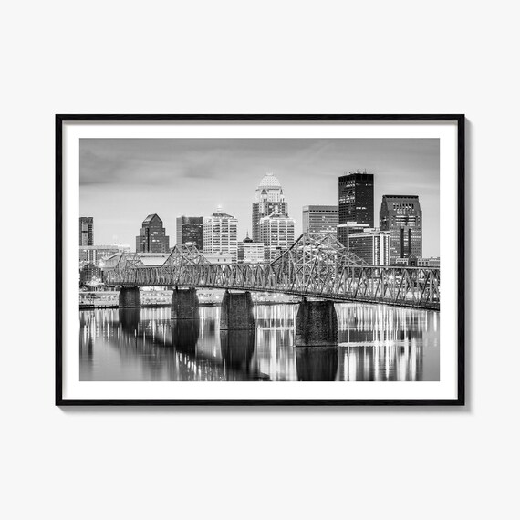 Louisville Black And White Skyline River Bridge Night Poster