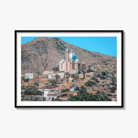 Eritrea Hillside Church Blue Dome Arid Mountain Village Poster