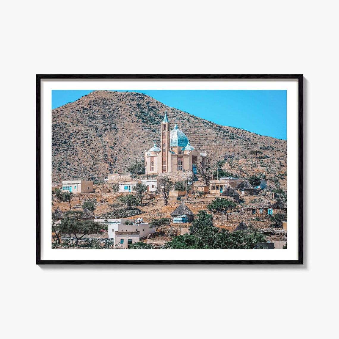 Eritrea Hillside Church Blue Dome Arid Mountain Village Poster