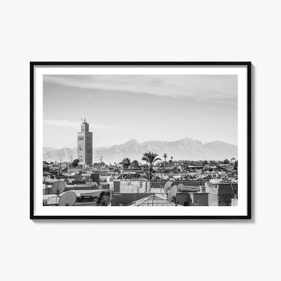 Marrakesh Morocco Koutoubia Minaret Black And White Rooftop Poster