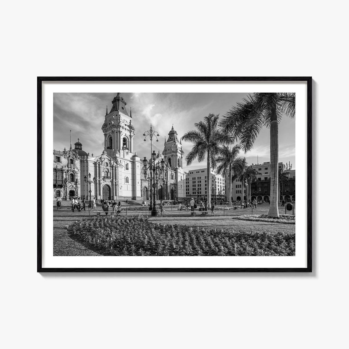 Lima Peru Cathedral Plaza de Armas Black and White Photo Poster