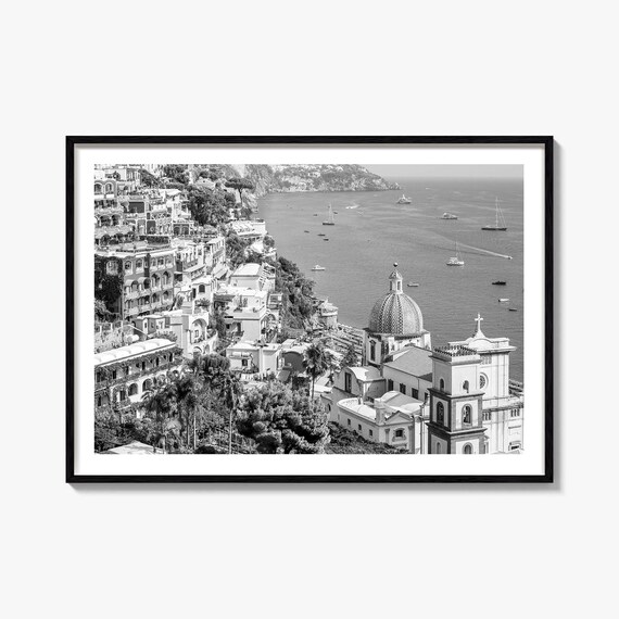 Positano Italy Amalfi Coast Cliffside Town Black and White Poster