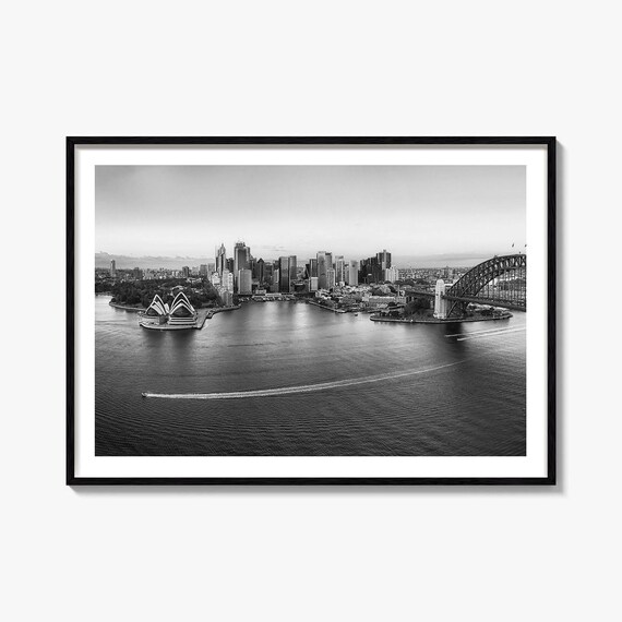 Sydney Opera House Harbour Bridge Black and White Aerial Poster