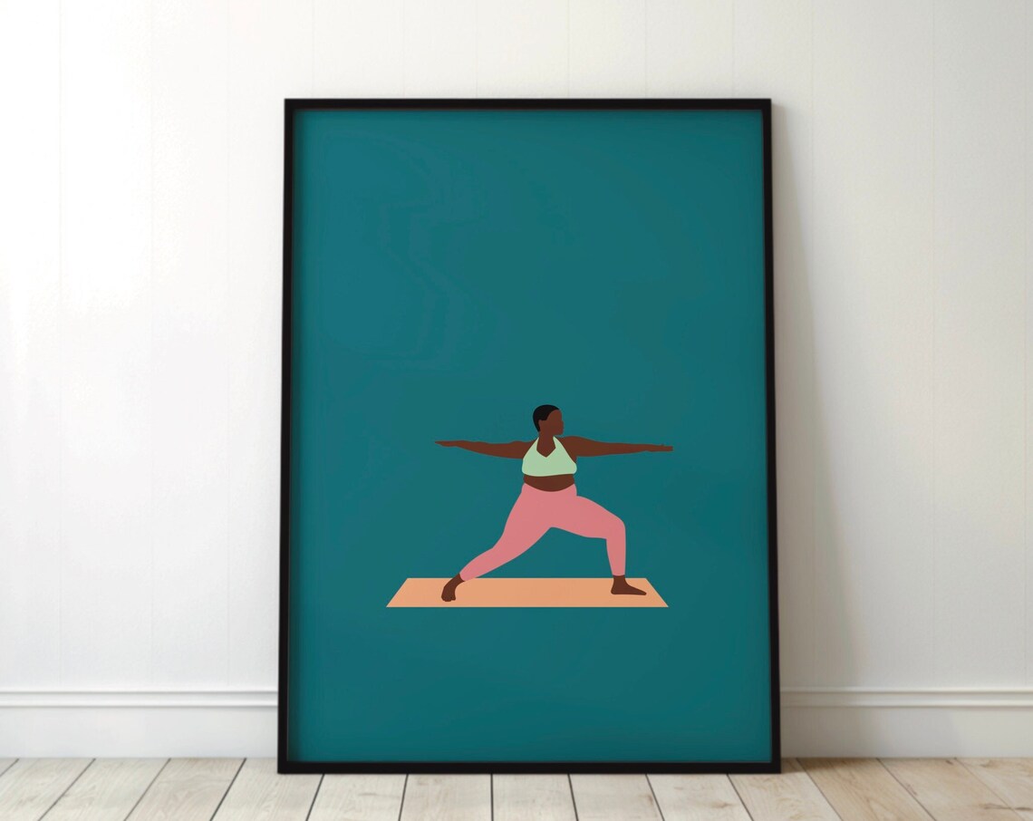 Yoga Warrior Pose Woman Teal Illustration Fitness Art Poster - Image 4