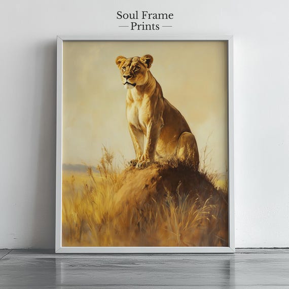 Golden Lioness Wall Art Majestic Wildlife Rustic African Savanna Scene Nature Decor 373