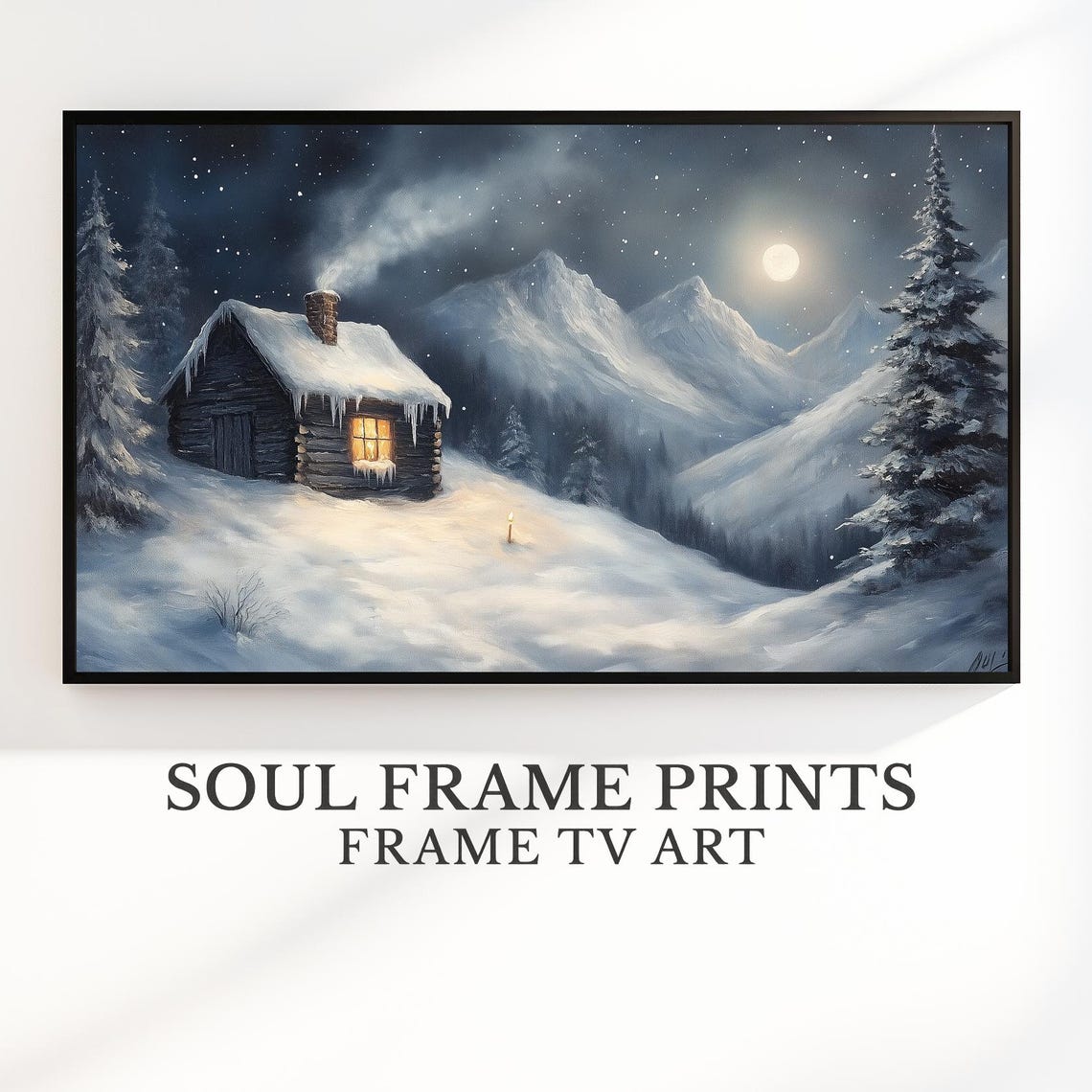 Moonlit Log Cabin Under Starry Sky Snowy Mountain Night Scene Poster