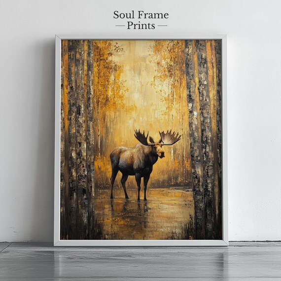 Moose Standing In Golden Autumn Forest Oil Style Wildlife Art Poster