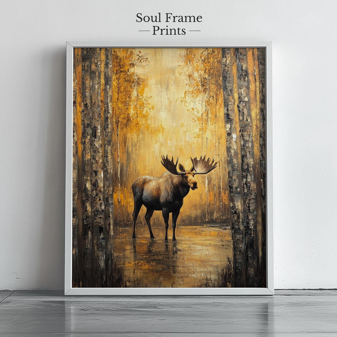 Moose Standing In Golden Autumn Forest Oil Style Wildlife Art Poster