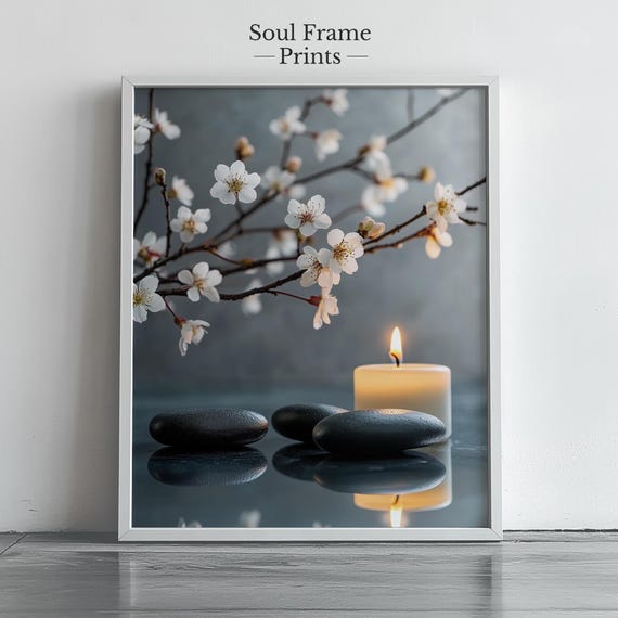 Zen Blossom Wall Art Cherry Candle And Stones Print Spa Bathroom Decor Tranquil Spring Wellness For Meditation 468