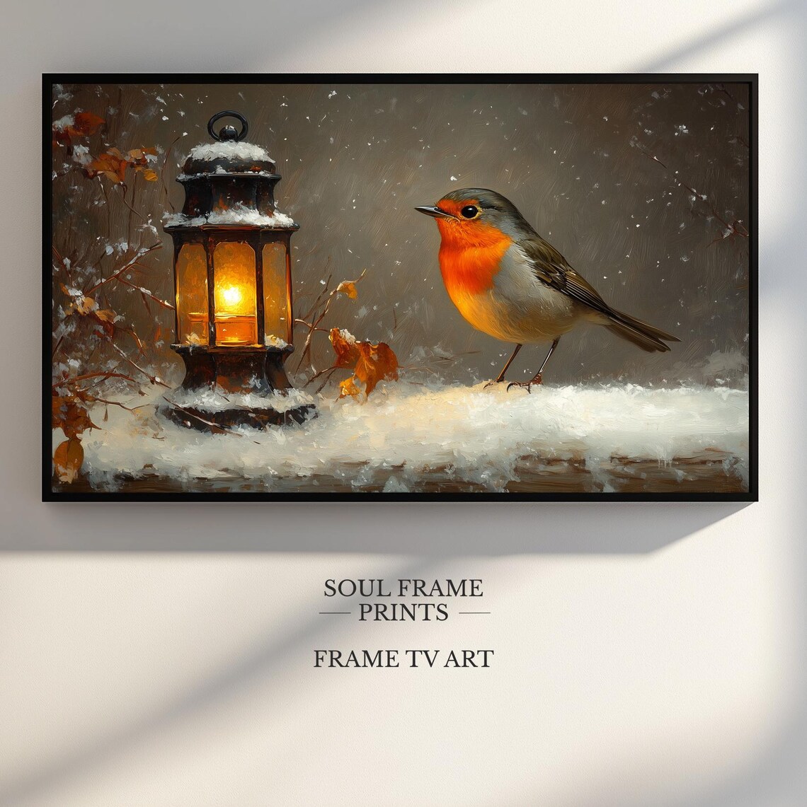 Winter Robin by Glowing Snowy Lantern Holiday Painting Poster