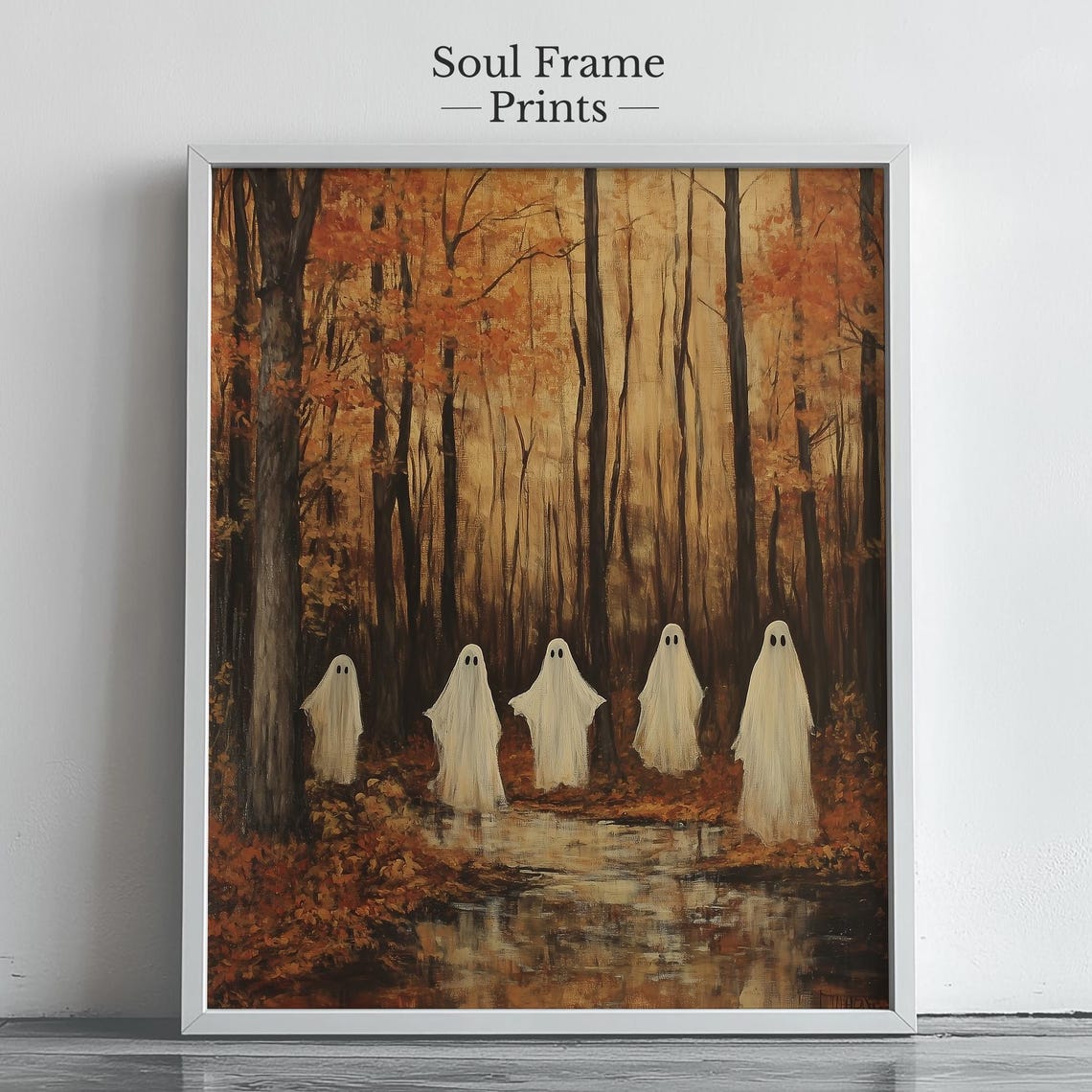 Five Ghosts in an Autumn Forest Vintage Halloween Haunted Woods Poster