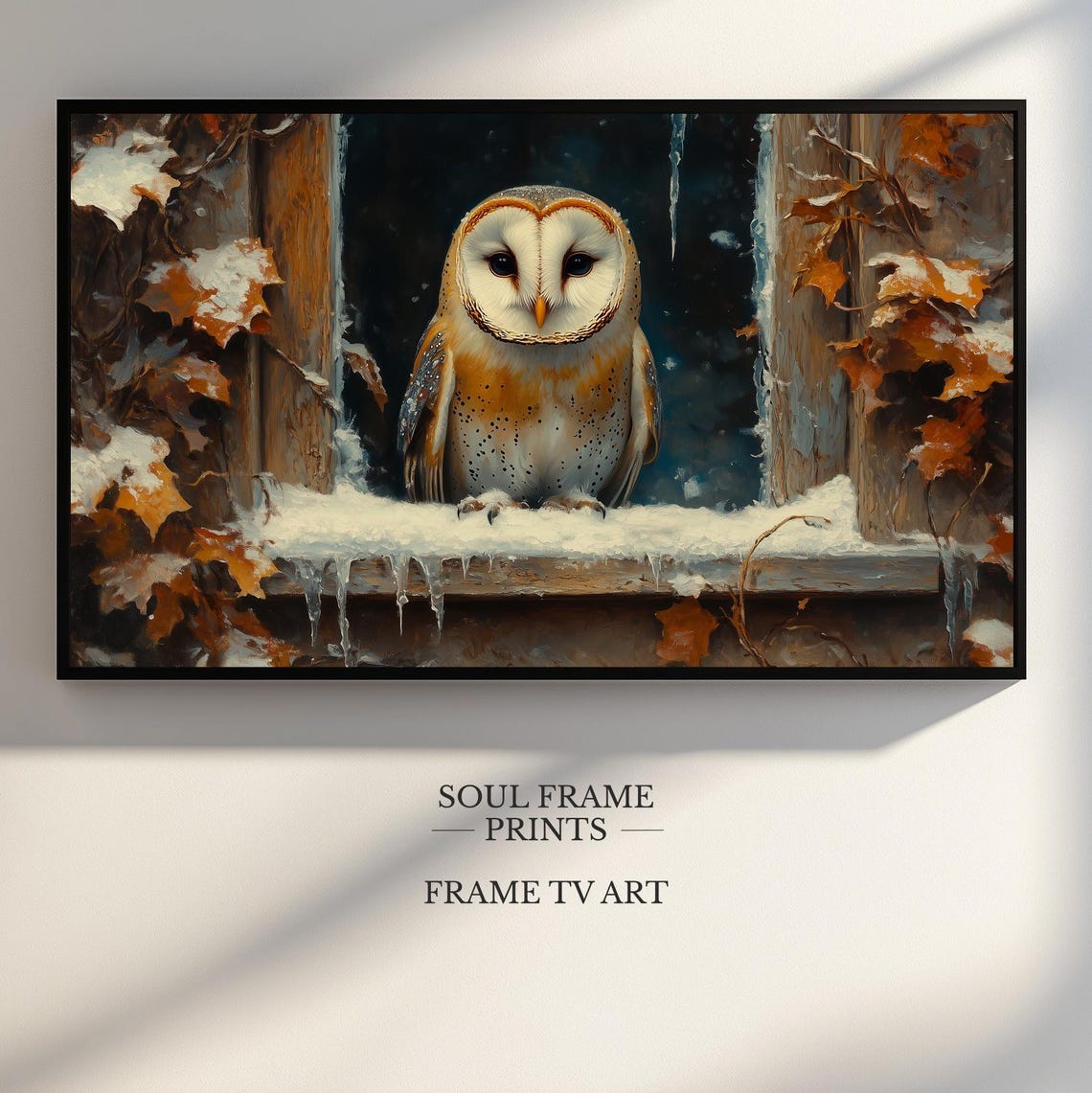 Barn Owl in Snowy Rustic Window Winter Scene Painting Poster