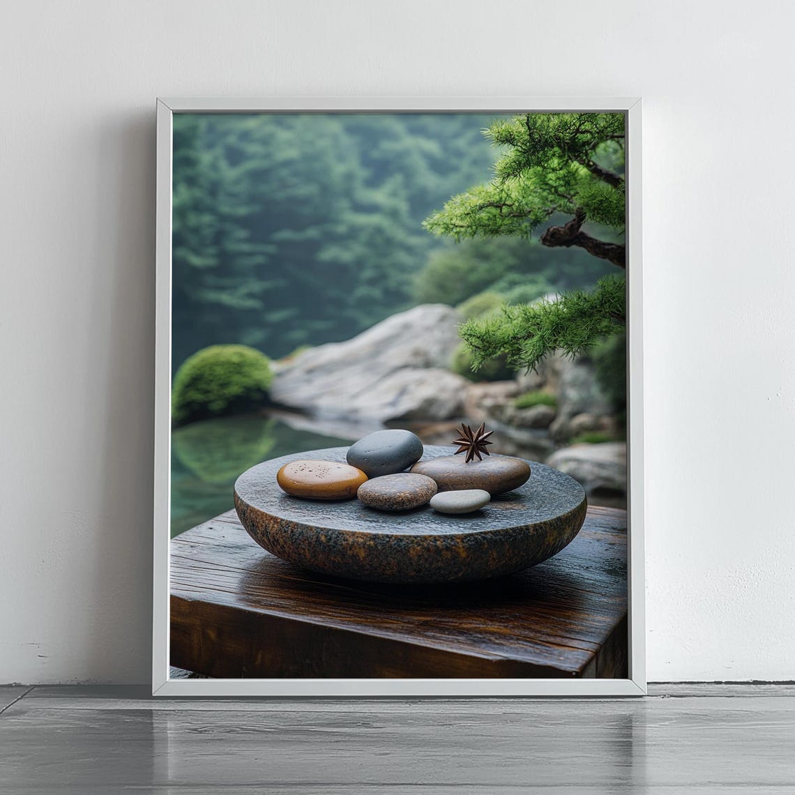 Zen Stone Bowl With Pebbles By The Garden Pond Nature Decor Poster