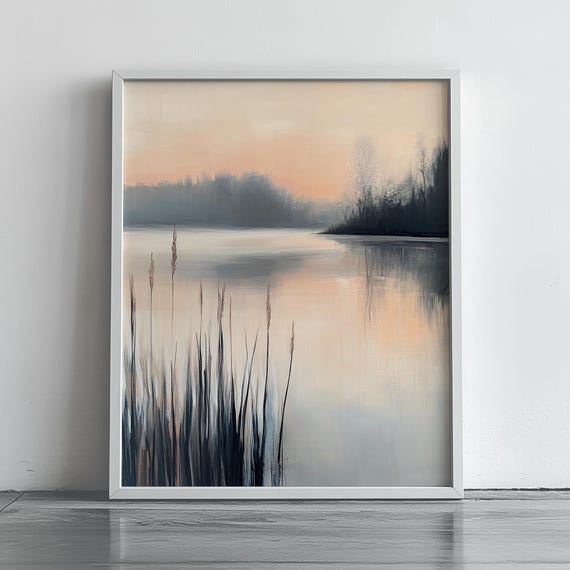 Minimalist Sunrise Lake Wall Art Misty Morning Landscape Tranquil Water Scene Rustic Cottage Decor Print 281