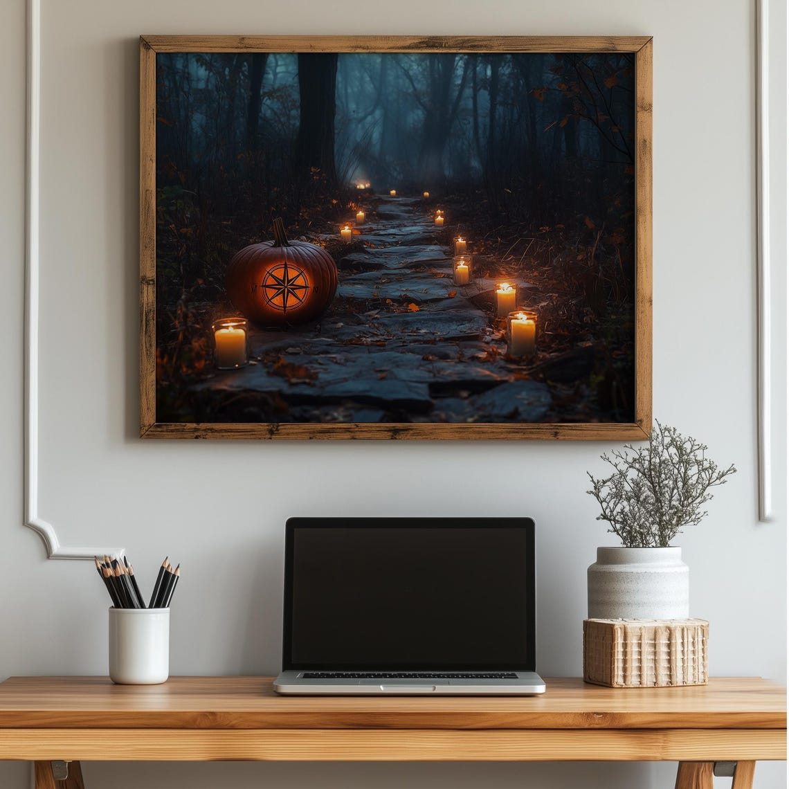 Enchanted Forest Halloween Path Wall Art Spooky Candlelit Trail Compass Pumpkin Rustic Autumn Decor Haunted Woods Poster 51