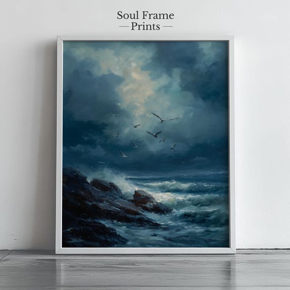 Stormy Ocean Wall Art Moody Seascape Painting Coastal Nature Print Dark Nautical Decor Crashing Waves Artwork For Rustic Homes 402
