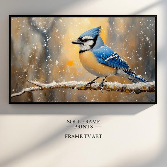 Winter Blue Jay Samsung Frame Tv Art Rustic Birch Branch Seasonal Wildlife Wall Decor Cozy Cabin Living Room Artwork 63