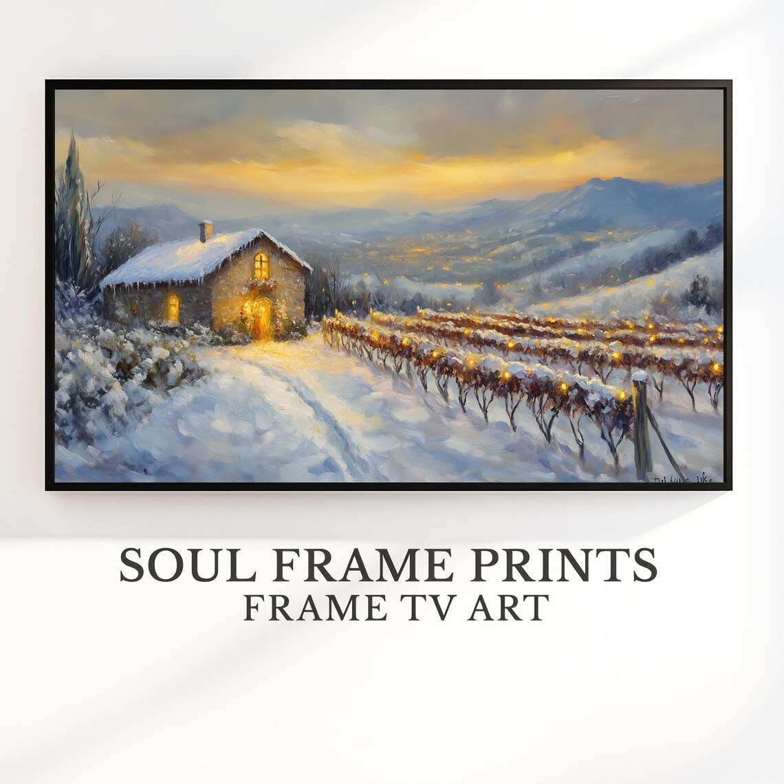 Snowy Vineyard at Dusk With Twinkling Christmas Lights Winter Poster